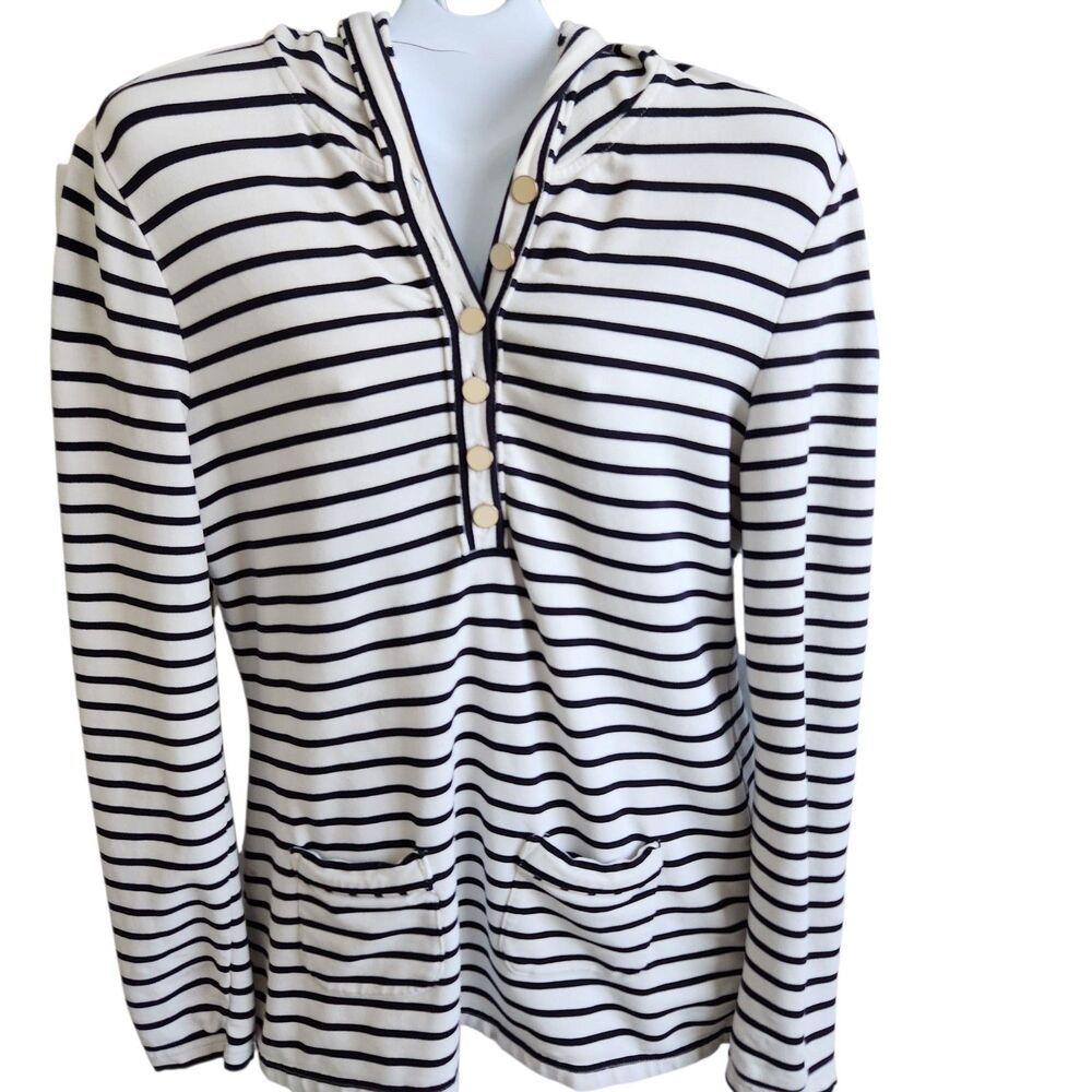 Talbots Pima Cotton Tunic Hoodie Black White Stripes Nautical Preppy Classic S